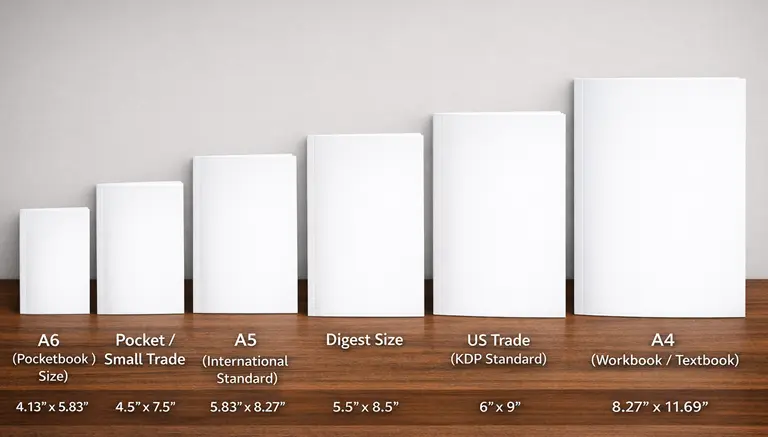 Book size comparison chart showing A6, Pocket, A5, Digest, US Trade, B5 and A4 sizes